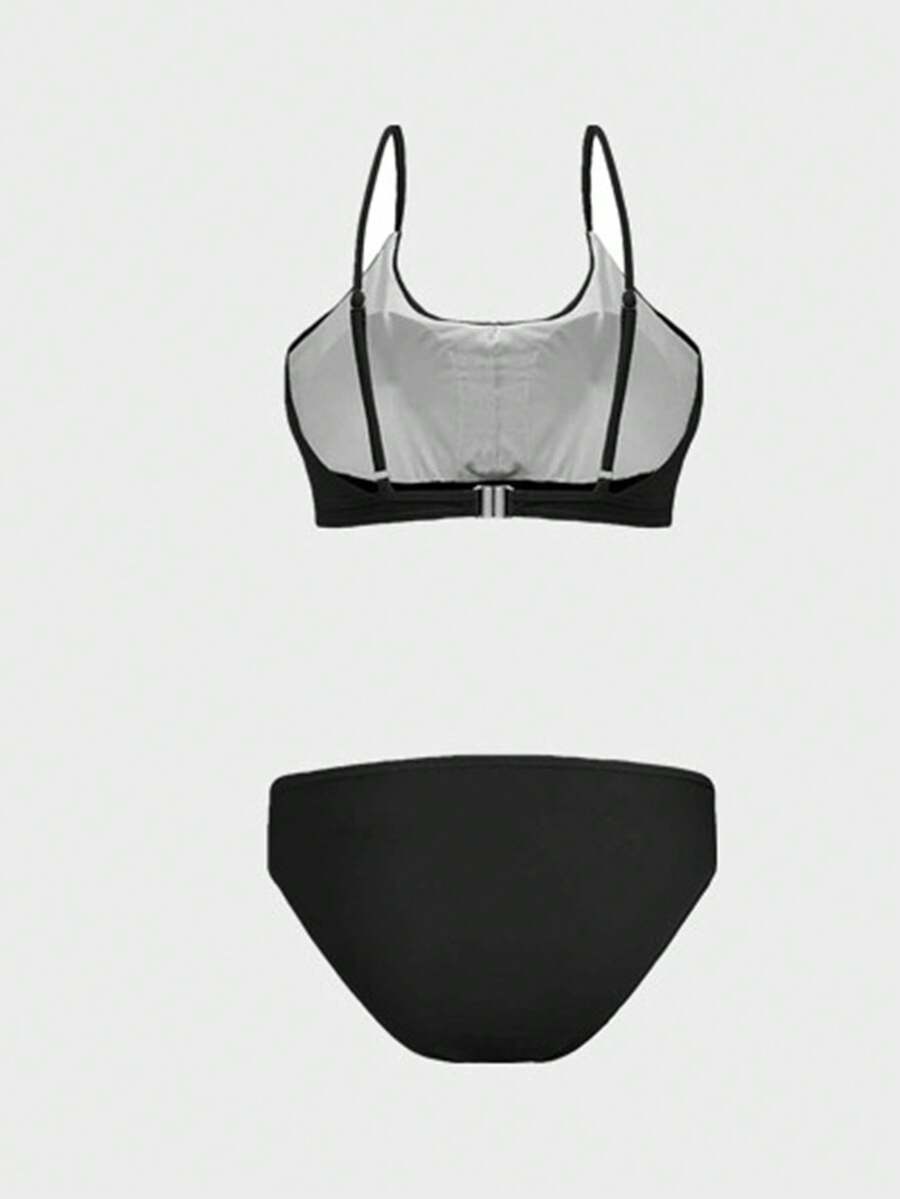两件套褶皱比基尼可调节细肩带比基尼套装女士夏季海滩 - 黑色 - 查看 1