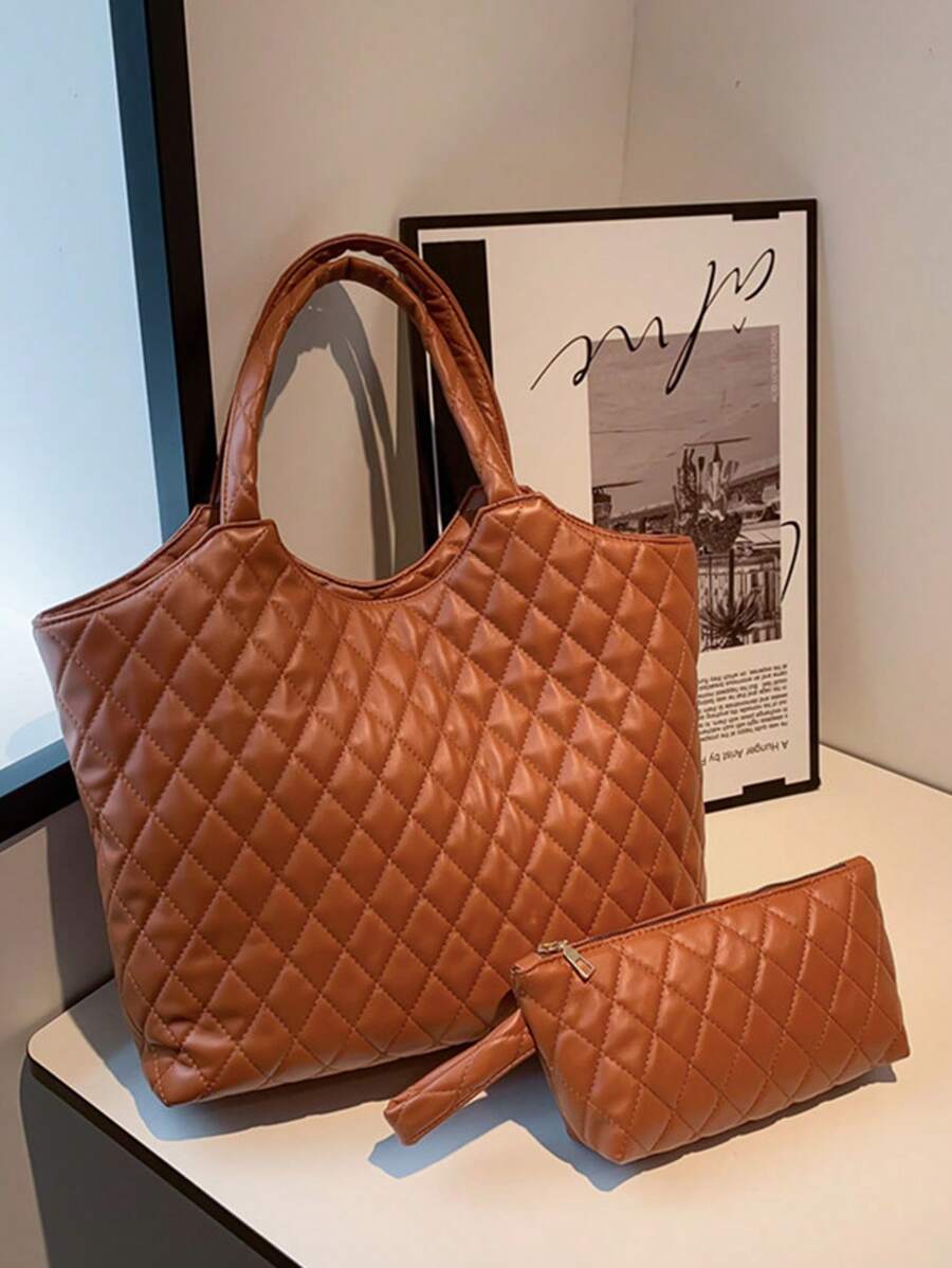 2pcs New Arrivals Fashionable Tote Bags With Wristlet, Large Capacity - Brown - View 1