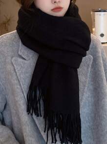 Bufanda De Lana Color Café Para Mujer, Suave Y Cálida, Estilo Simple Con Sentido De Diseño Único, Para Primavera Y Otoño, 1 Ud. - Negro - Ver 2