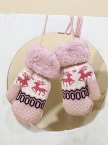 1 Paire De Gants D'hiver En Peluche Rose Pour Enfants Avec Ficelle, Chaud Et Protecteur, Petit Sac Élégant Adapté Aux Activités De Plein Air Et À Un Usage Quotidien, Style De Noël