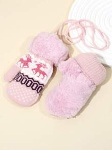 1 Paire De Gants D'hiver En Peluche Rose Pour Enfants Avec Ficelle, Chaud Et Protecteur, Petit Sac Élégant Adapté Aux Activités De Plein Air Et À Un Usage Quotidien, Style De Noël