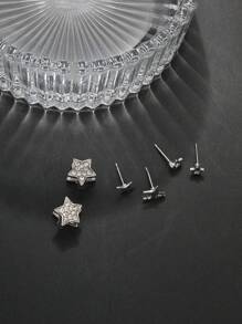 6pairs/set Star & Rhinestone Decor Stud Earrings Set For Women, Perfect For Dating And Vacation Gifting - Silver - View 4