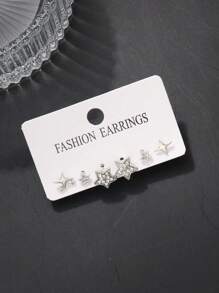 6pairs/set Star & Rhinestone Decor Stud Earrings Set For Women, Perfect For Dating And Vacation Gifting - Silver - View 3