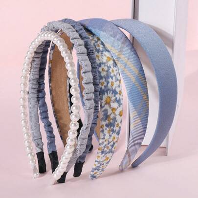 6pcs Bohemian Floral Mesh Headbands, Vintage Pearl Design Hairband Hair Accessories For Girls Daily Wear, For Christmas