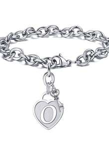 1pc Fashionable Heart Shaped Key & 26 English Letters Charm Bracelet, Chain Type