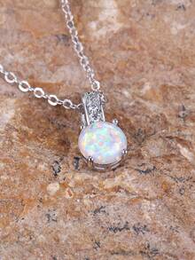 1入組時尚圓形白色蛋白石爪鑲嵌方晶鋯石裝飾吊墜項鍊適合女士,為妻子和女兒 - 銀色 - 查看 4