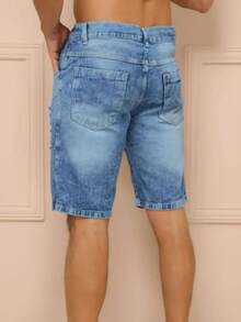 Men Denim Shorts - 中等水洗藍 - 查看 2