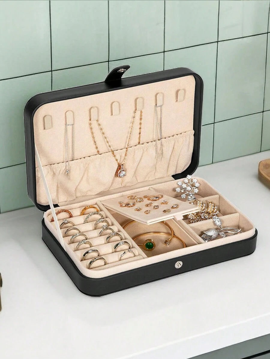 1個21*14.5*4.5cm大容量珠寶收納盒,簡約皮革珠寶收納盒,可攜式純色長方形配件收納盒,適用於項鍊,戒指,耳環等。適合作為母親,女友,情人或bff的節日或生日禮物。也可用於商務旅行。