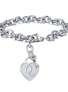 1pc Fashionable Heart Shaped Key & 26 English Letters Charm Bracelet, Chain Type
