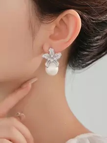 1 cặp hoa tai ngọc trai giả hình khối Cubic Zirconia thời trang dành cho phụ nữ trang trí hàng ngày cho ngày lễ tình nhân, mẹ, mẹ, ngày của mẹ, quà tặng - Bạc - Xem 5