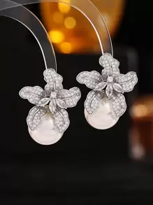 1 cặp hoa tai ngọc trai giả hình khối Cubic Zirconia thời trang dành cho phụ nữ trang trí hàng ngày cho ngày lễ tình nhân, mẹ, mẹ, ngày của mẹ, quà tặng - Bạc - Xem 3