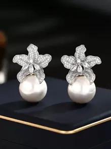 1 cặp hoa tai ngọc trai giả hình khối Cubic Zirconia thời trang dành cho phụ nữ trang trí hàng ngày cho ngày lễ tình nhân, mẹ, mẹ, ngày của mẹ, quà tặng - Bạc - Xem 7