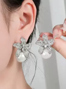 1 cặp hoa tai ngọc trai giả hình khối Cubic Zirconia thời trang dành cho phụ nữ trang trí hàng ngày cho ngày lễ tình nhân, mẹ, mẹ, ngày của mẹ, quà tặng - Bạc - Xem 1