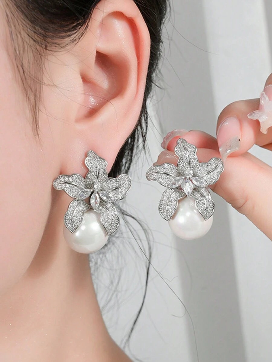 1 cặp hoa tai ngọc trai giả hình khối Cubic Zirconia thời trang dành cho phụ nữ trang trí hàng ngày cho ngày lễ tình nhân, mẹ, mẹ, ngày của mẹ, quà tặng - Bạc - Xem 1