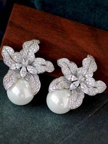 1 cặp hoa tai ngọc trai giả hình khối Cubic Zirconia thời trang dành cho phụ nữ trang trí hàng ngày cho ngày lễ tình nhân, mẹ, mẹ, ngày của mẹ, quà tặng - Bạc - Xem 6