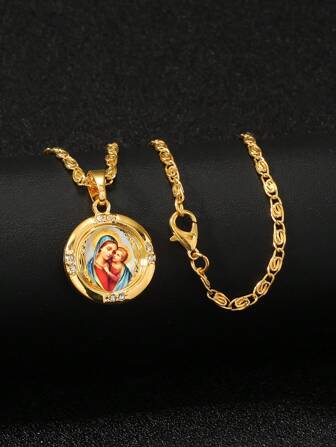 1pc Men's Gold-color Jesus Round Pendant Necklace