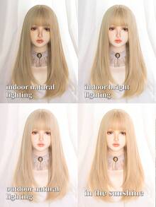 Tóc giả tổng hợp dài thẳng có tóc mái - Vàng - Xem 10