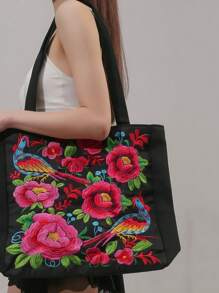 Women's Embroidered Large Bag, Literature And Art Retro Shoulder Bag, Simple Cloth Bag,  Portable Shopping Bag - 紅色 - 查看 3