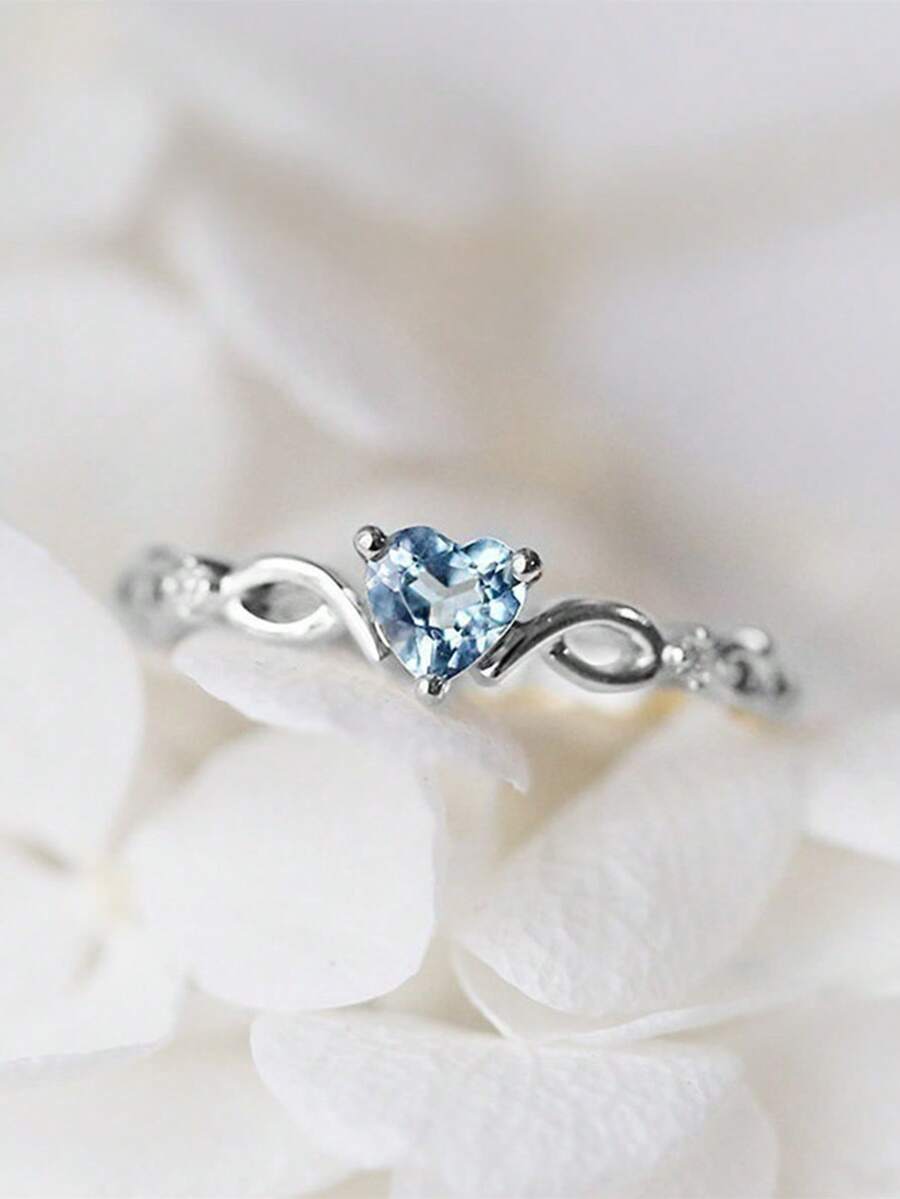1 Nhẫn Cubic Zirconia hình trái tim xinh xắn dành cho thiếu nữ làm quà tặng sinh nhật - Màu xanh nhạt - Xem 1