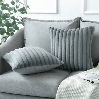 1pc Light Grey Rabbit Fur Pillow Cover, Soft Comfortable Anti-fur Fabric, Modern Decorative Sofa Cushion Case For Holiday Home Decor, Household Bedroom And Dorm Use