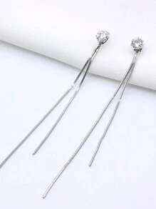 1pair Long Wire Tassel Threaded Faux Pearl Chain Dangle Earrings With Star & Heart Beaded Pendants For Women Jewelry - Silver - View 5