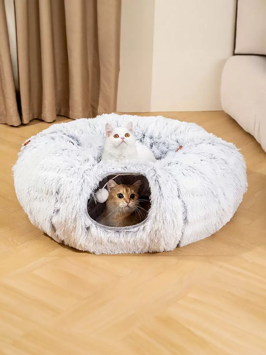 1入組絨毛貓隧道,甜甜圈形貓床/小貓墊房,冬季保暖寵物床,可折疊的貓玩具,適用於貓/小貓/小狗 - 灰色 - 查看 1
