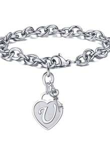 1pc Fashionable Heart Shaped Key & 26 English Letters Charm Bracelet, Chain Type