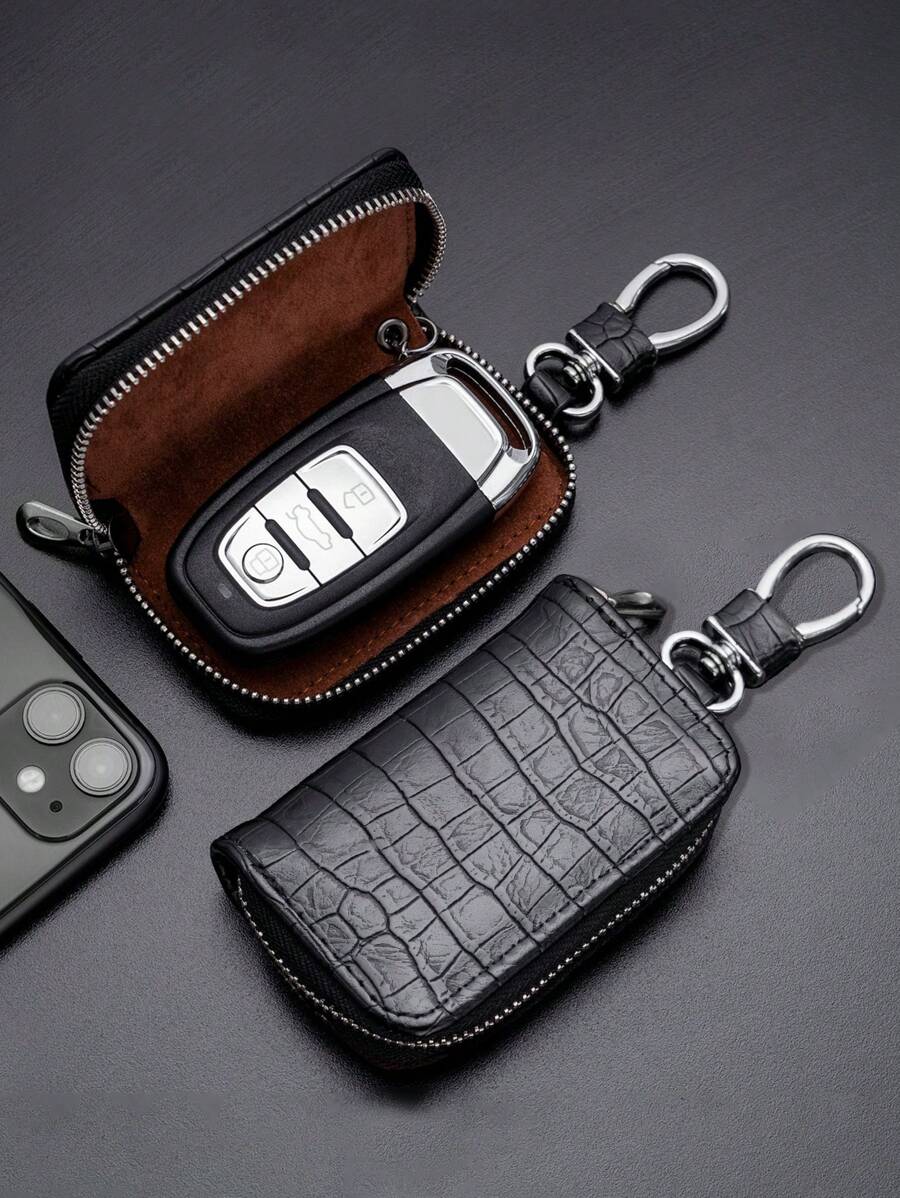 1入黑色鱷魚紋萬能車鑰匙套,拉鍊式車鑰匙皮夾車用配件 - 彩色 - 查看 1
