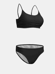 两件套褶皱比基尼可调节细肩带比基尼套装女士夏季海滩 - 黑色 - 查看 2