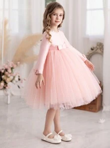 年輕的女孩公主飛擺裙,適合嬰兒生日派對、舞蹈表演、婚禮、花朵裝、鋼琴演奏、女主持裝和日常穿著 - 粉色 - 查看 3