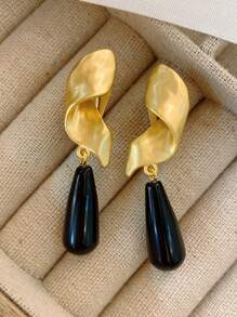 女性用螺旋黑瑪瑙水滴夾式耳環,獨特歐洲風格,復古優雅,無須穿耳洞,適合圓臉形 - 黑色 - 查看 1