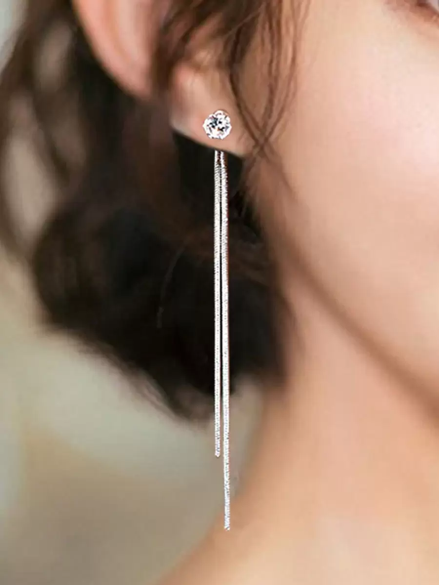 1pair Long Wire Tassel Threaded Faux Pearl Chain Dangle Earrings With Star & Heart Beaded Pendants For Women Jewelry - Silver - View 1