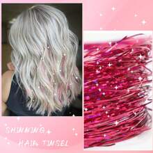 5入組/包金屬質感金屬絲髮飾,易使用,1000股線48英寸發亮接髮,適用於女士們,閃閃發光仙女假髮片,完美適用於聖誕,新年,萬聖節,角色扮演派對 - 玫紅色 - 查看 3