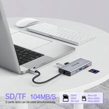 10合1 Usb-c雙螢幕基座,可與macbook/dell/hp/lenovo/surface筆記本電腦兼容,搭配4k Hdmi/vga/100w Pd/乙太網/sd/tf/type-c/音訊/usb孔的usb-c擴展器 - 灰色 - 查看 6