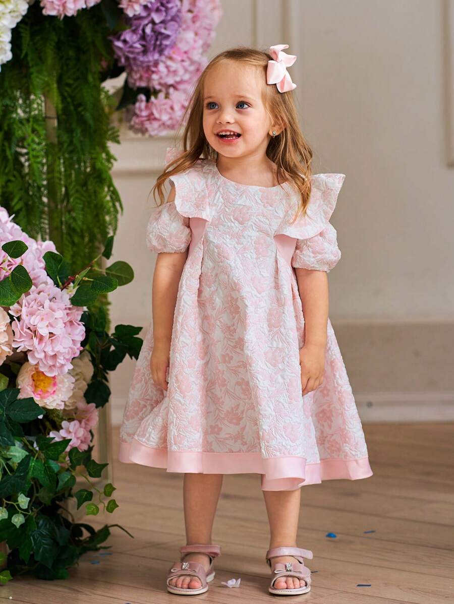 Baby Floral Jacquard Bow Back Ruffle Trim Party Dress - Multicolor - View 1