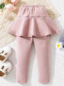 女童粉色二合一荷叶边裙裤，秋冬 - 粉色 - 查看 2