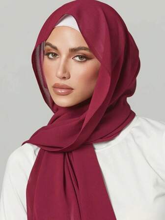 1pc Abaya Accessories Soft Chiffon Faux Pearls Decor Solid Color Women's Head Scarf, Suitable For Daily Wear Casual Headband Soft Hijab Women Veil