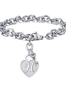 1pc Fashionable Heart Shaped Key & 26 English Letters Charm Bracelet, Chain Type