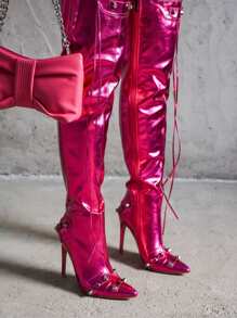 Women's  Metallic Thigh High Pointy Toe Boots - Single Pointy Toe Metallic/Holo Thigh High High Heel For Friday Nights - Hồng - Xem 1