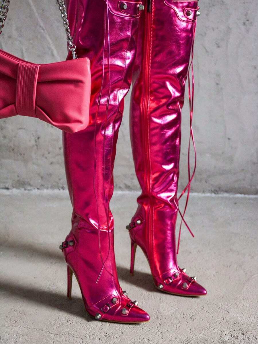 Women's  Metallic Thigh High Pointy Toe Boots - Single Pointy Toe Metallic/Holo Thigh High High Heel For Friday Nights - Hồng - Xem 1