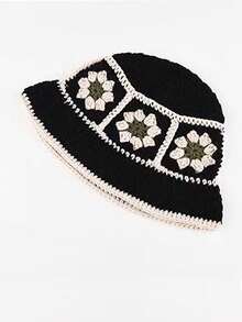 1頂女士多色花卉鉤織桶帽，適用於戶外旅行和日常使用 - 黑色 - 查看 2