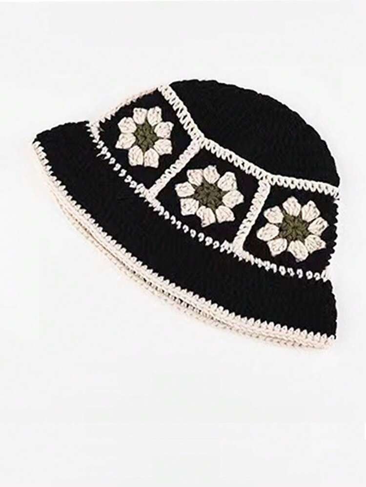 1頂女士多色花卉鉤織桶帽，適用於戶外旅行和日常使用 - 黑色 - 查看 2
