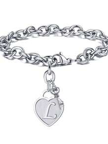 1pc Fashionable Heart Shaped Key & 26 English Letters Charm Bracelet, Chain Type