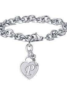 1pc Fashionable Heart Shaped Key & 26 English Letters Charm Bracelet, Chain Type