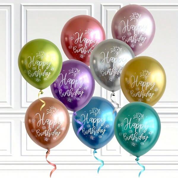 10 piezas de globos de látex metálicos cromados de 12 pulgadas con impresión de Feliz Cumpleaños, Navidad
