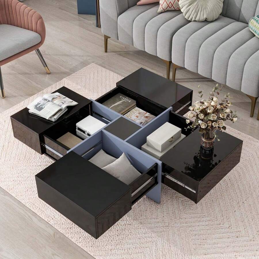 MERAX Unique Design Coffee Table With 4 Hidden Storage Compartments, Square Cocktail Table With Extendable Sliding Tabletop, UV High-Gloss Design Center Table For Living Room, 31.5"X 31.5",Wood Coffee Tables,Living Room Table - 黑色 - 查看 1