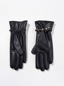 1 Pair Women's Black Pu Leather Gloves With Chain And Touch Screen Feature, Warm And Windproof, Perfect For Daily Use In Autumn And Winter - Black - View 1