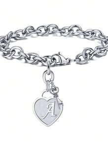 1pc Fashionable Heart Shaped Key & 26 English Letters Charm Bracelet, Chain Type