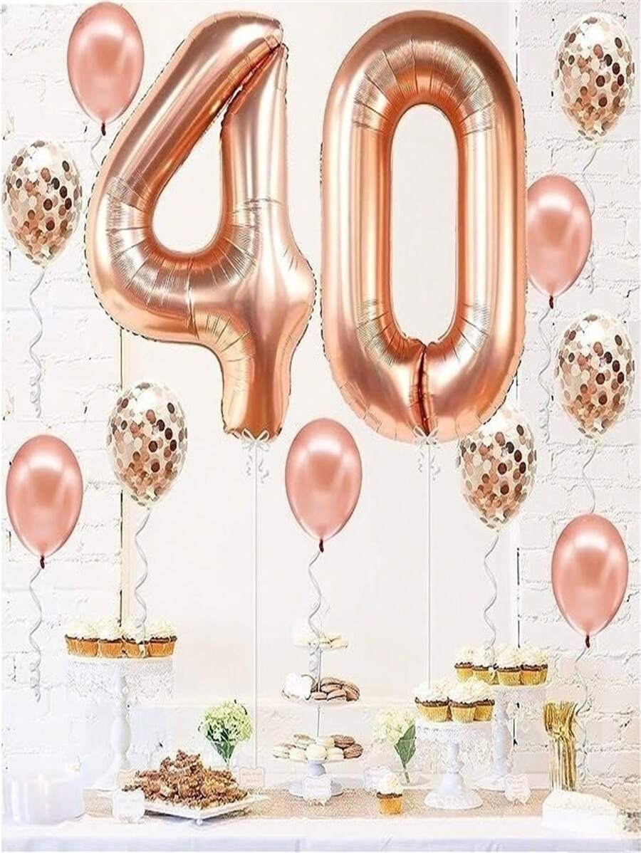 巨大玫瑰金數字40鋁箔氣球,40英寸,玫瑰金40歲生日派對裝飾用品帶玫瑰金乳膠氣球和彩色紙屑氣球,優雅40日週年慶派對氣球 - 玫瑰金 - 查看 1