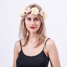 婚禮花髮箍,婚禮花卉圖案皇冠帶玫瑰,紅色的玫瑰頭髮配飾,波西米亞風格國家別緻花髮帶 - 香檳色 - 查看 3